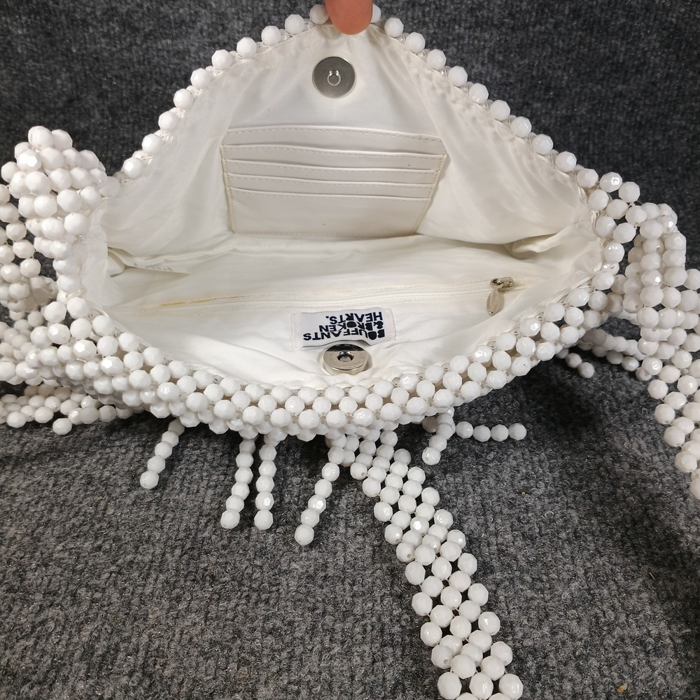 White Beaded Shoulder Bag Pearl Purse Y2K Retro Bouffants Hearts - Picture 2 of 7